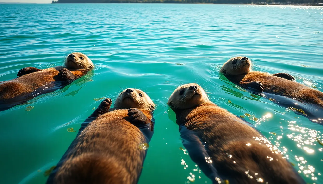 This delightful image of a group of playful sea otters floating on their backs captures the joy and charm of marine wildlife. The soft sunlight filtering through the water enhances the vibrant colors, creating a sparkling effect that reflects the tranquility of the environment. With a hyperfocal depth of field, both the otters and the beautiful shoreline remain in focus, drawing attention to the playful interactions among these charming creatures. The centered composition effectively showcases their playful nature against an idyllic backdrop.