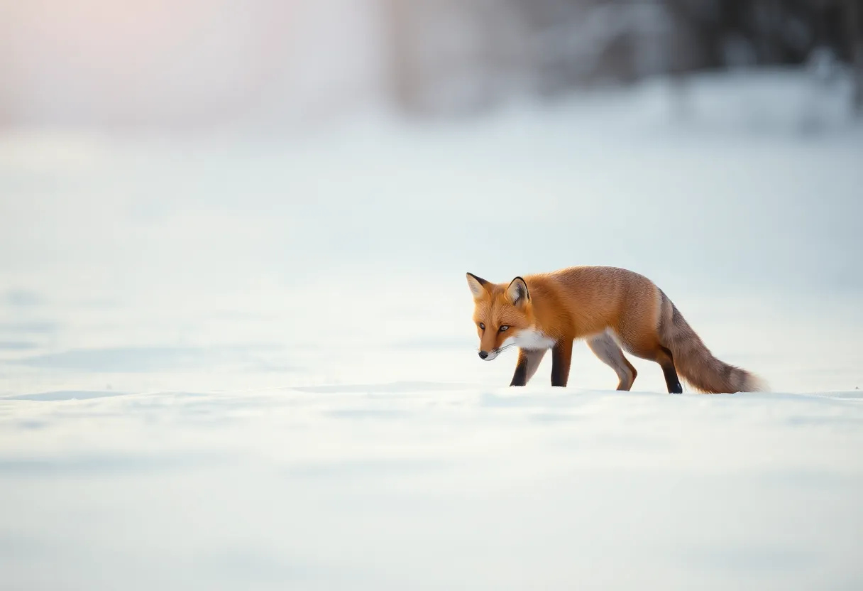 This breathtaking image of a sleek red fox navigating through a pristine blanket of fresh snow captures the essence of winter wildlife. The soft morning light creates a dreamy atmosphere, enhancing the fox's vibrant fur against the snowy landscape. With a shallow depth of field, the background is beautifully blurred, keeping the focus on the fox's cautious movement. The composition is thoughtfully arranged, drawing the viewer’s eye to the fox while highlighting the delicate texture of the snow.