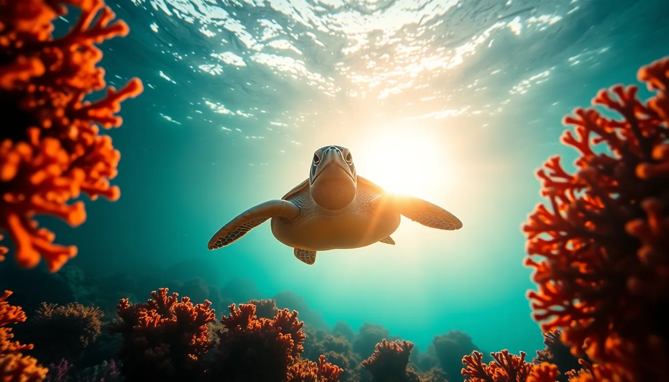 Underwater Sea Turtle in Coral Reef