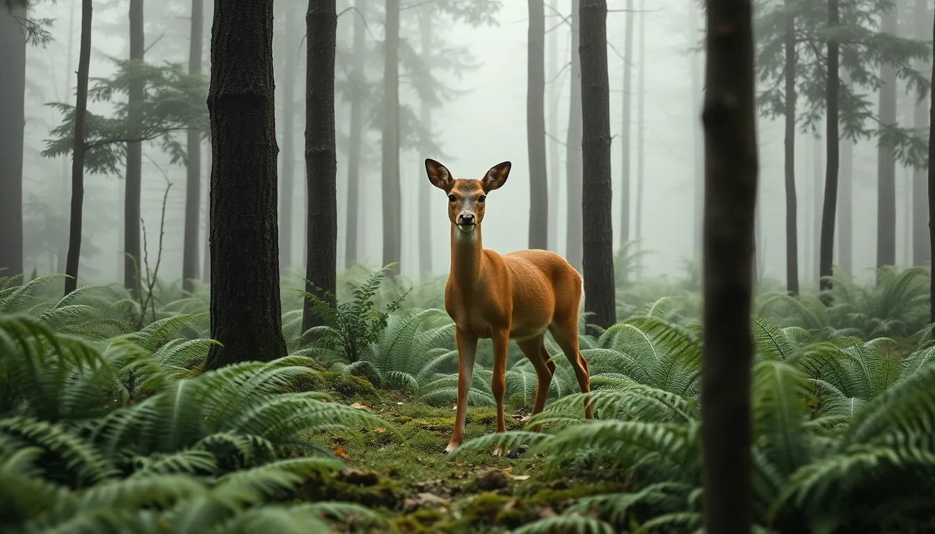 This photorealistic image captures a graceful deer standing amongst tall ferns in a misty forest. The soft, diffused light enhances the serene atmosphere and brings forth the rich, muted greens of the vegetation and the browns of tree bark. The symmetrical composition emphasizes the calmness of the scene, with hyperfocal depth ensuring every detail is sharp from foreground to background. This image reflects the tranquility and beauty of wildlife in its natural habitat.