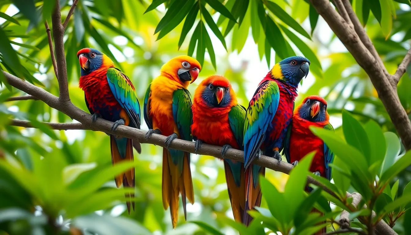 This vibrant image showcases a group of colorful parrots perched on a tree branch amidst rich tropical foliage. The overcast sky provides soft, even lighting that brings out the vivid hues of the birds’ feathers and surrounding leaves. With hyperfocal depth of field, both the parrots and the vibrant greenery are sharply detailed, while leading lines guide the viewer’s eye through the scene. A celebration of tropical wildlife in a lush environment.