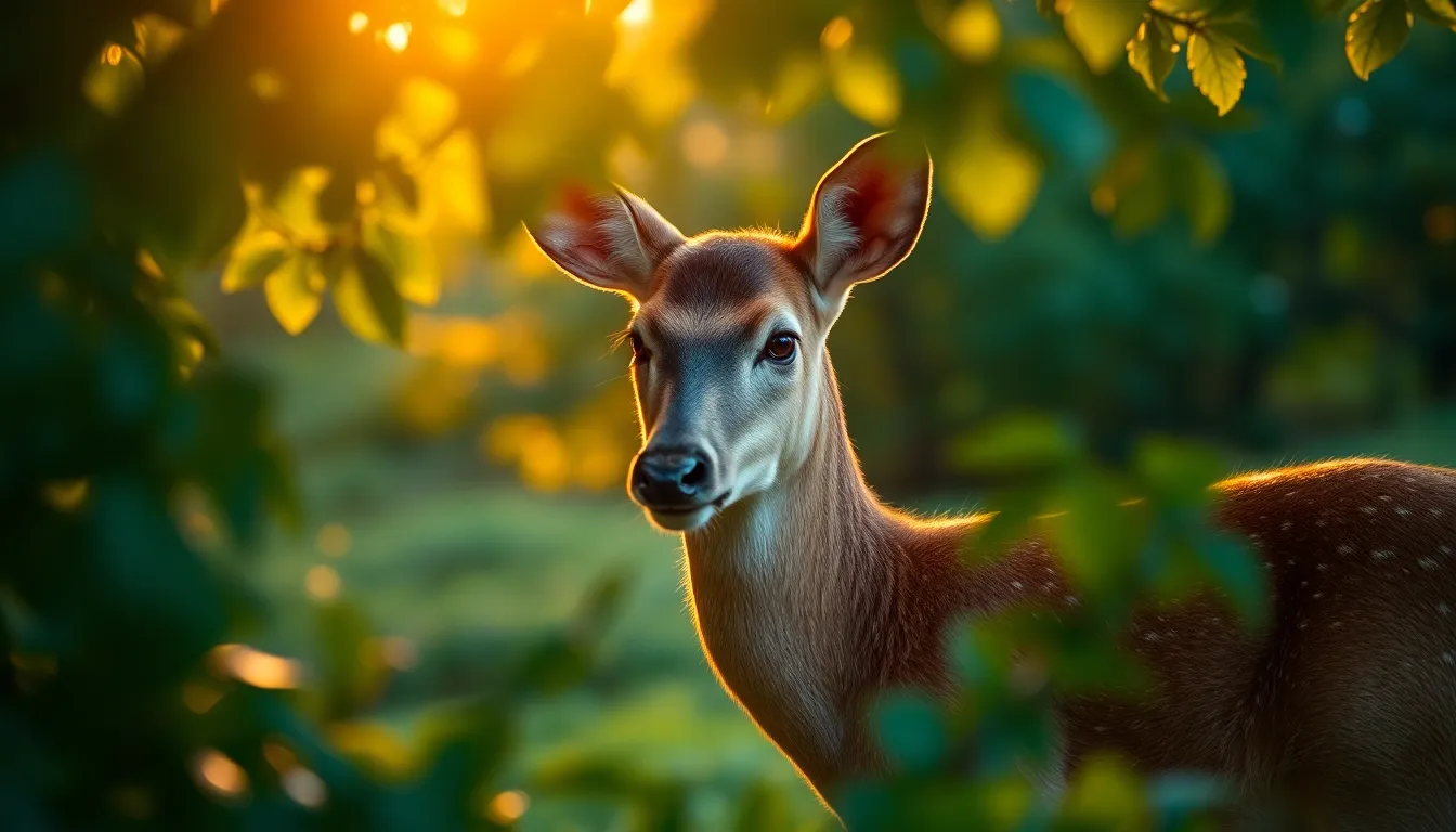 A serene scene of a majestic deer standing amidst lush greenery in a sunlit forest. The golden hour light highlights the soft, warm tones of the deer's fur while vibrant green leaves create a dreamy backdrop. The image captures the tranquility of nature, emphasizing the animal's grace and the delicate details of the environment, with a blurred background enhancing the focus on the deer.