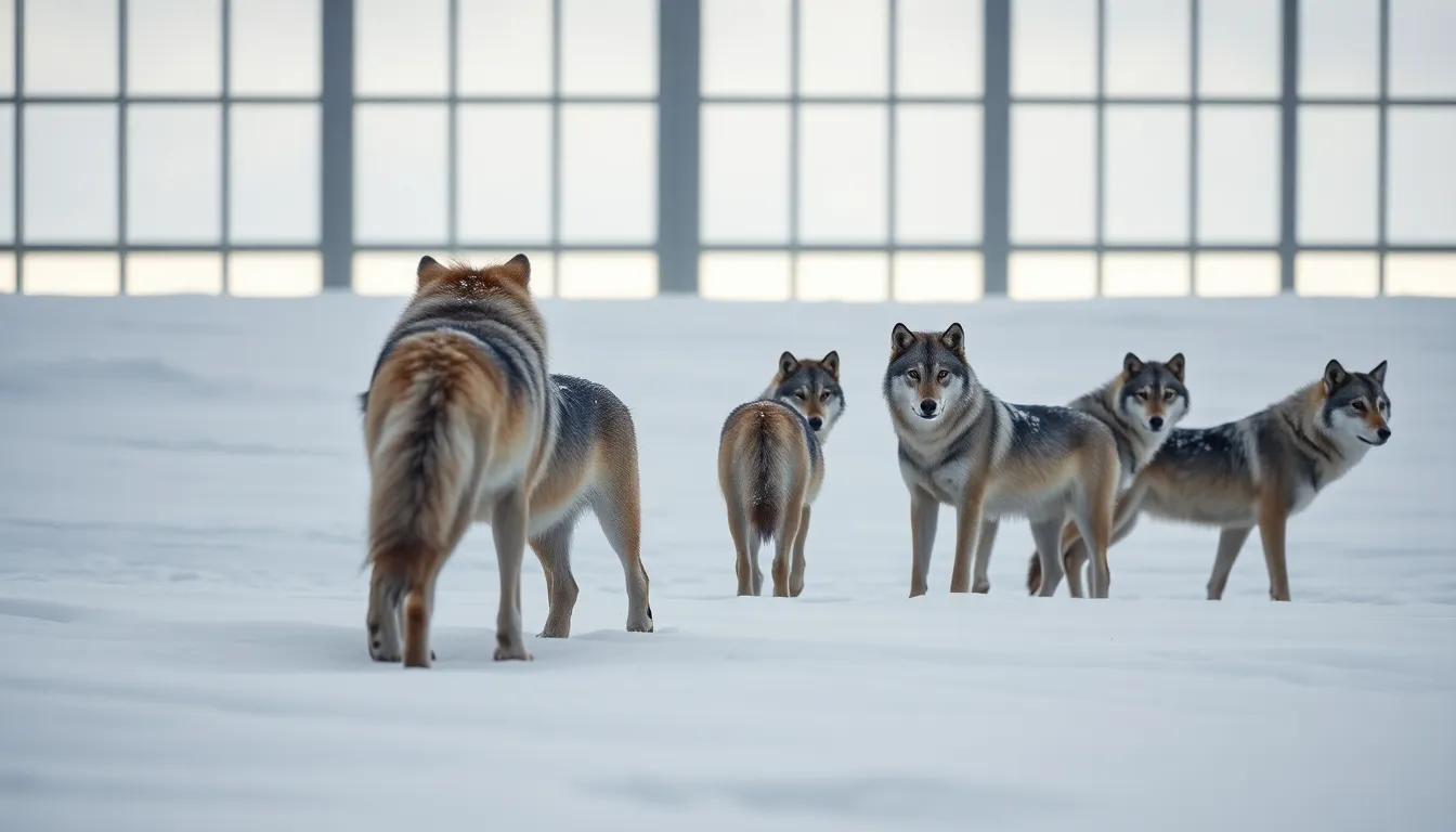 Family of Wolves in Snowy Landscape This breathtaking image features a family of wolves gracefully traversing a snowy landscape under overcast skies. The soft diffused light highlights the muted tones of white and gray, creating a tranquil winter scene. The composition utilizes leading lines of the snow to draw attention toward the wolves, with every detail sharply defined in the foreground and background. The texture of their fur and the delicate snowflakes provide a stunning contrast, capturing the beauty of wildlife in winter.