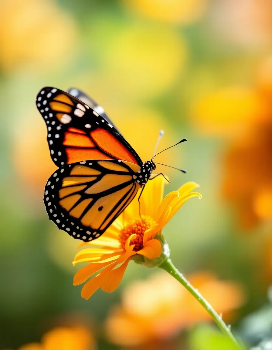 This striking close-up image captures a Monarch butterfly delicately perched on a brightly colored flower. The vivid orange and black patterns of the butterfly's wings are sharply focused, revealing intricate details against a beautifully blurred floral background. The use of soft, natural light enhances the rich colors, creating a captivating scene that celebrates the beauty of nature. This photograph embodies the elegance and fragility of wildlife.
