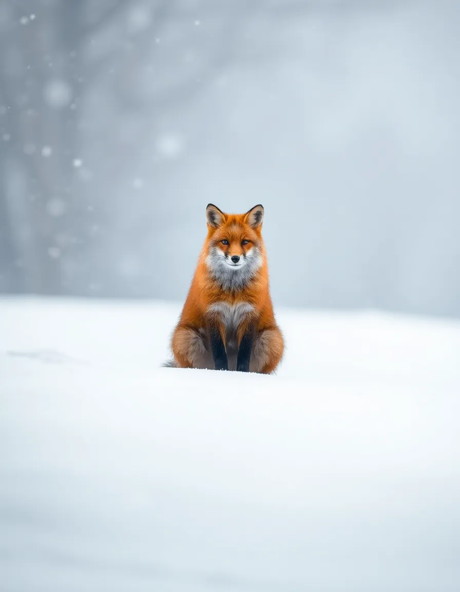 This captivating image showcases a majestic red fox sitting gracefully atop a snow-covered hill as gentle snowflakes fall around it. The soft light of a winter afternoon bathes the scene in a serene glow, creating a beautiful contrast between the fox's warm fur and the cool white snow. With a shallow depth of field, the background gently fades into a dreamy bokeh, enhancing the tranquil atmosphere. The muted whites and earthy tones contribute to a peaceful winter mood, making this wildlife shot a stunning representation of nature's beauty.