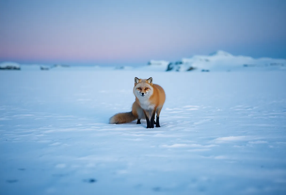 This breathtaking image features a solitary Arctic fox standing gracefully on a snowy expanse during twilight. The soft, cool light enhances the serene beauty of the scene, with shadows dancing across the snow. Sharp focus on the fox reveals its delicate fur against the blurred backdrop of distant mountains. This photograph effectively captures the isolation and tranquility found in the pristine Arctic wilderness.