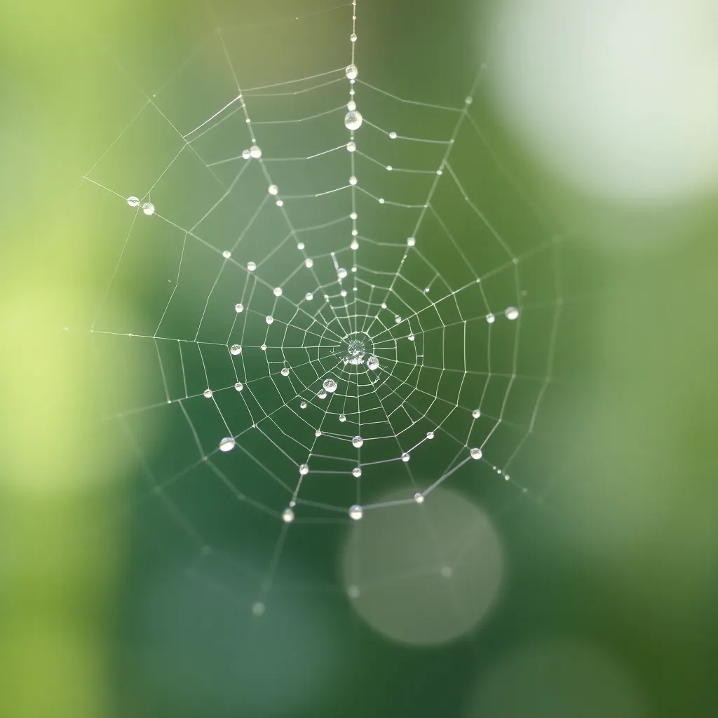 This exquisite close-up captures the delicate beauty of a spider web adorned with morning dew, glistening in the soft sunlight. The dreamy bokeh created by shallow depth of field emphasizes the intricate patterns of the web, while muted greens and soft blues create an ethereal atmosphere. Centered composition allows the viewer to appreciate nature's delicate craftsmanship, making it a striking representation of wildlife.