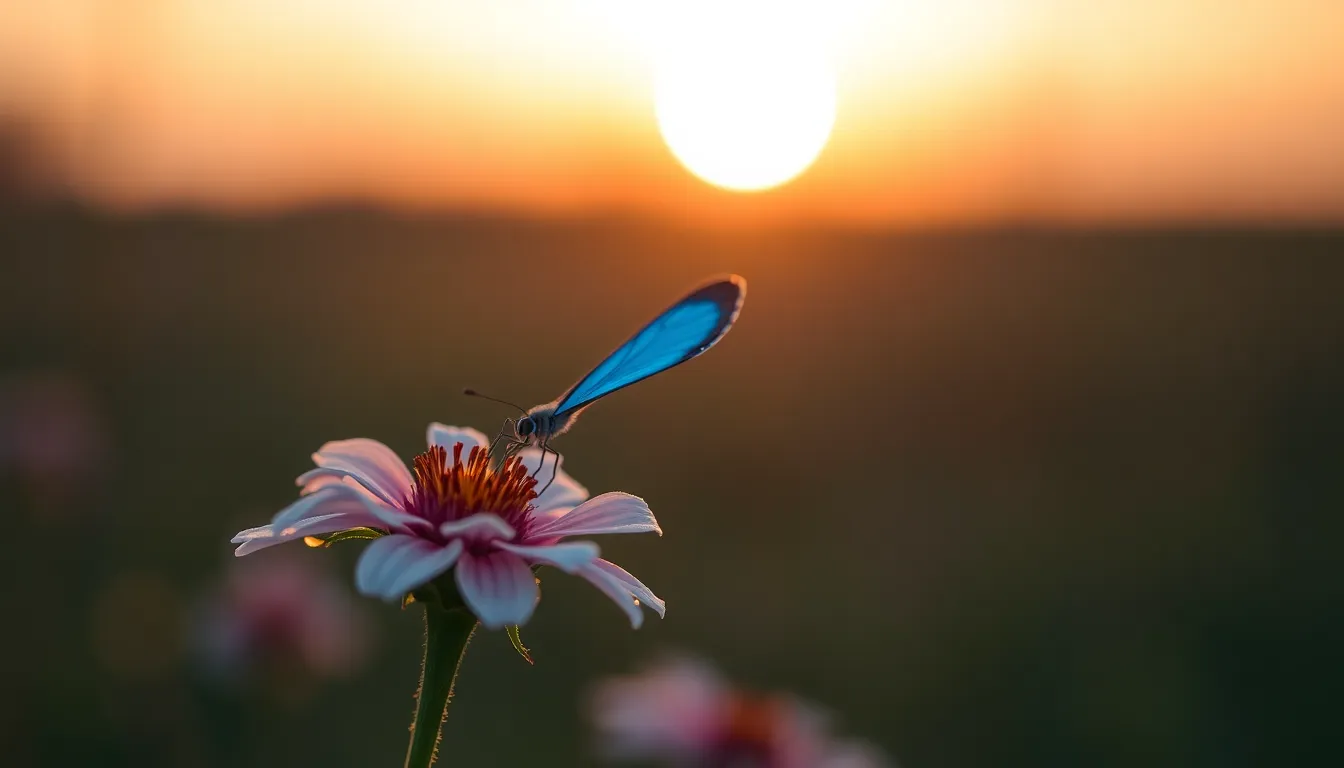 Vibrant Blue Butterfly on Dew-Kissed Flower This exquisite close-up image captures a vibrant blue butterfly delicately resting on a dew-kissed flower at dusk. The soft ambient light creates a serene atmosphere, emphasizing the butterfly’s intricate wing patterns. With a selective focus, the composition highlights the beauty of nature by positioning the butterfly artfully in the upper left corner. The subtle pastel colors and glimmering water droplets add to the enchanting quality of this wildlife moment.