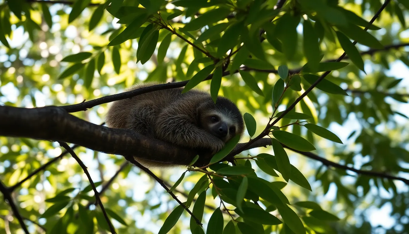 This enchanting image captures a sloth peacefully nestled on a branch within a lush green canopy. The late afternoon light filters through the leaves, creating a soft, dappled effect that enhances the tranquil mood. The muted earth tones reflect the natural beauty of the environment, while the sloth's fur texture invites viewers to appreciate its unique features. This photograph highlights the beauty of wildlife in the heart of the jungle, showcasing the harmony between animal and habitat.