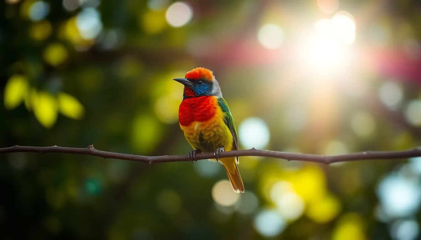 This image captures a colorful bird perched elegantly on a branch beneath a canopy of leaves, where dappled sunlight creates enchanting bokeh in the background. The vibrant plumage of the bird is enhanced by velvety saturated colors, drawing attention to its intricate feather details. The shallow depth of field beautifully isolates the bird from the background, while the rule of thirds composition adds balance. This photograph evokes a sense of wonder and appreciation for the beauty of wildlife.