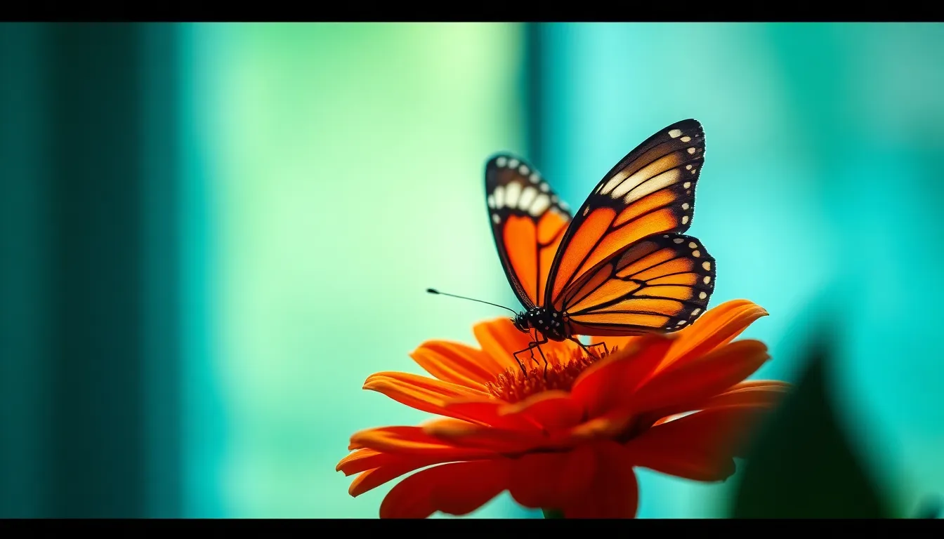 A stunning close-up of a colorful butterfly resting on a vibrant flower, captured in soft natural light. The image highlights the intricate patterns on the butterfly's wings, showcasing a rich texture against the delicate petals of the flower. The warm colors create a harmonious and inviting scene that draws the viewer's eye to the beauty of nature. This photograph captures the essence of wildlife in a superbly detailed and intimate manner.