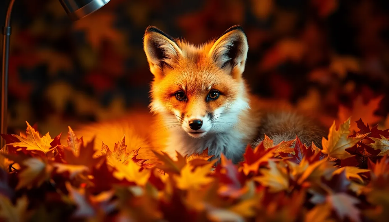Red Fox Nestled in Autumn Leaves This captivating image showcases a striking red fox nestled among a bed of colorful autumn leaves. The warm glow from the tungsten light creates a cozy, inviting atmosphere, enhancing the rich colors of the foliage. The composition centers around the fox, with shallow depth of field bringing attention to the intricate texture of its fur against a blurred backdrop. The image beautifully captures the essence of wildlife in the fall season.