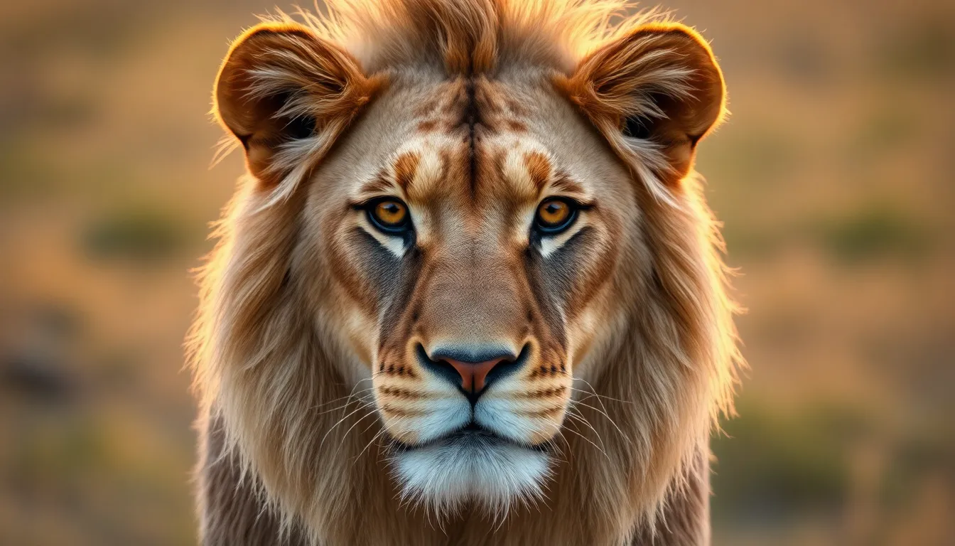 This captivating image features a lion bathed in the warm glow of the golden hour. The lion's intense gaze draws the viewer in, while the soft bokeh background creates a dreamy effect. The warm color tones bring out the richness of the lion's mane, showcasing intricate textures and details. The photograph encapsulates the power and beauty of this magnificent creature in its natural habitat, evoking a sense of wonder about wildlife.