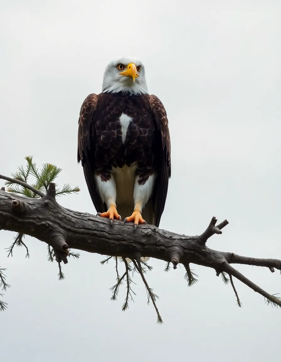 A striking image of a bald eagle perched majestically on a pine branch, embodying strength and grace. The soft overcast lighting enhances the natural beauty of its feathers, creating a calm and serene atmosphere. The eagle's sharp gaze and the textures of the pine bark combine to create an awe-inspiring wildlife portrait.