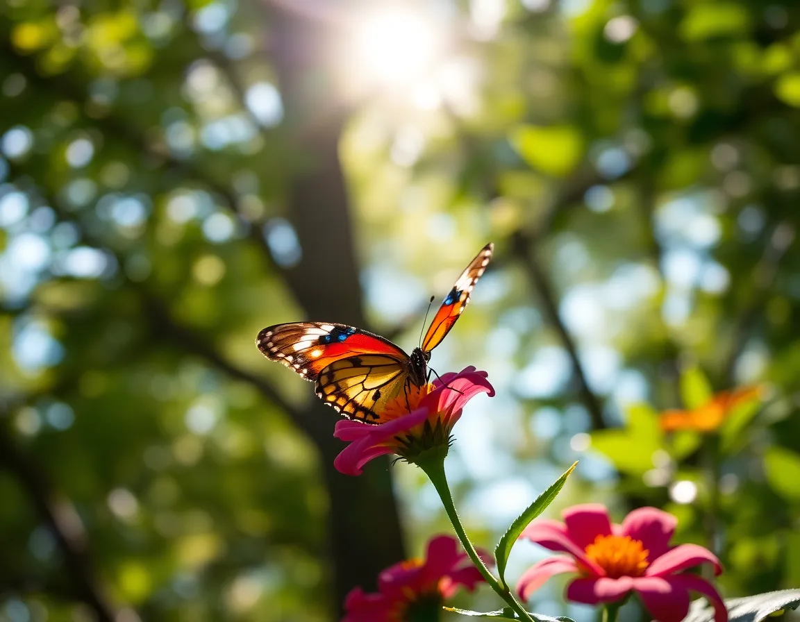 A close-up view of a colorful butterfly perched gently on a vibrant flower, illuminated by dappled sunlight streaming through nearby leaves. The crisp details of the butterfly's intricate wings and the rich colors of its floral surroundings create a mesmerizing focal point. Soft bokeh enhances the serene quality of the image, inviting viewers to immerse themselves in this delicate moment from nature. This macro shot captures both the fragility and beauty of wildlife in bloom.