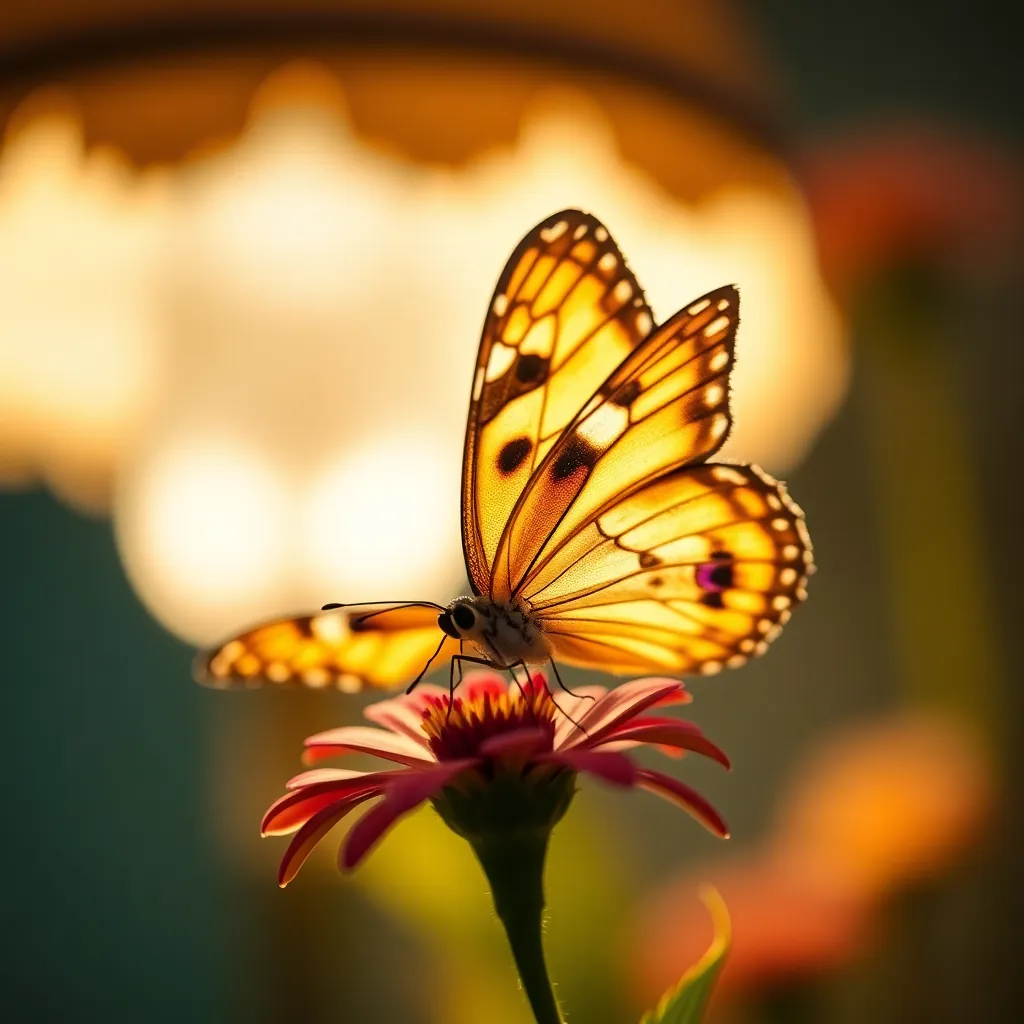This exquisite image presents a close-up of a butterfly perched gracefully on a vibrant flower. The warm glow of tungsten light highlights the intricate details and vivid colors of the butterfly's wings, creating a stunning visual impact. With a shallow depth of field, the background gently blurs into a painterly bokeh that emphasizes the butterfly's beauty. Rich yellows and deep purples dominate the color palette, enhancing the vibrant nature of the scene. The centered composition adds an element of elegance to this delicate moment in the wild.