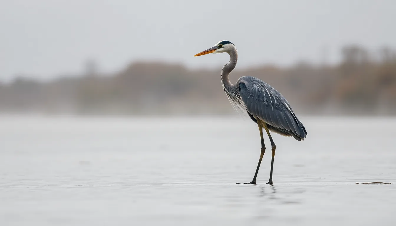 A graceful heron poised by the edge of a tranquil river on a misty morning. The overcast sky creates a soothing atmosphere, while muted earth tones emphasize the serene environment. The water's surface reflects the surrounding mist, adding to the peaceful mood of the scene. The image highlights the delicate textures of the heron's feathers and the serene beauty of its natural habitat, inviting viewers to appreciate wildlife in harmony with nature.