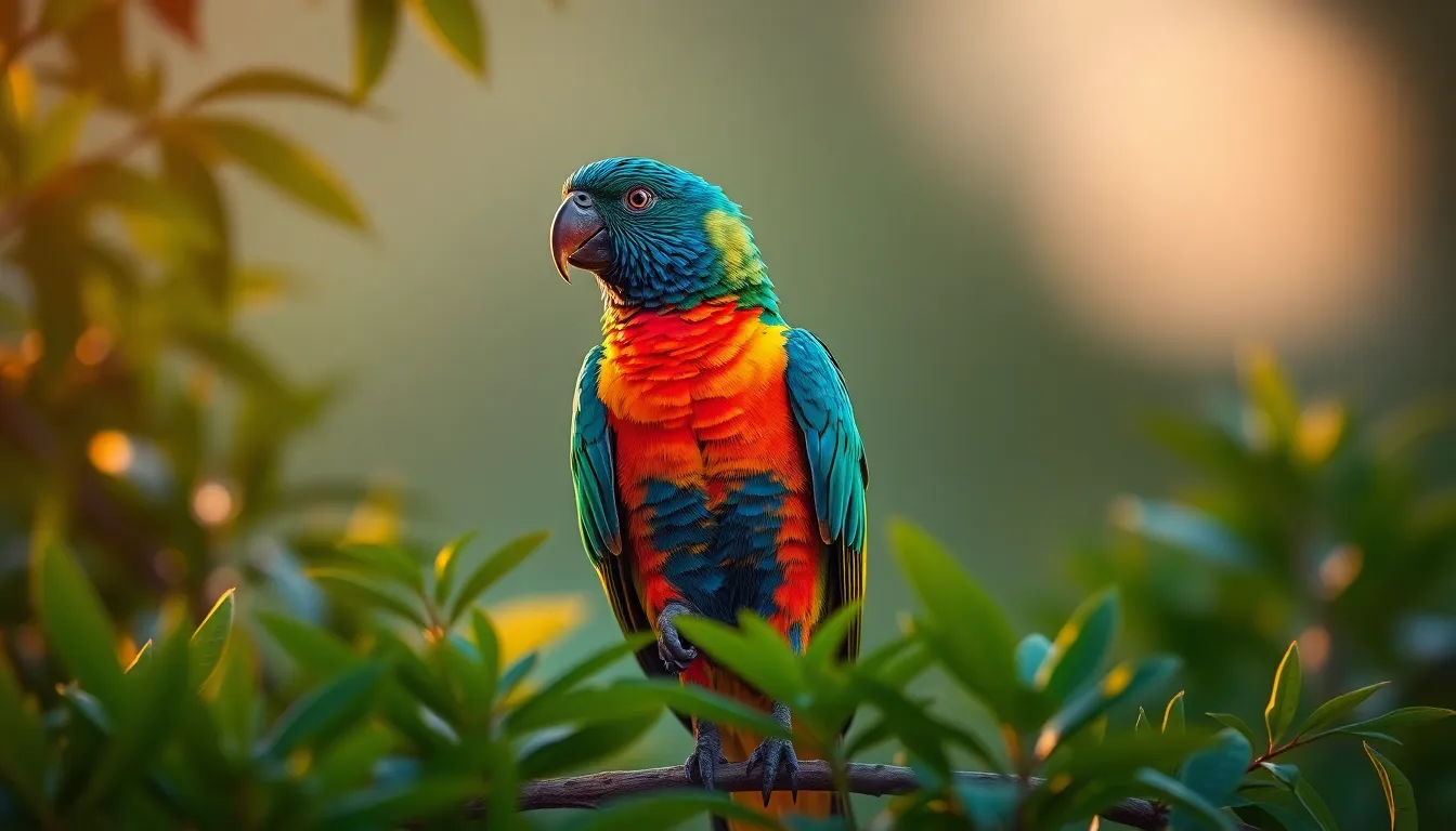 Colorful Parrot in Golden Hour Light This stunning image captures a colorful parrot perched gracefully on a branch during the golden hour. Backlighting enhances the vibrancy of the parrot’s feathers, surrounded by lush greenery that creates a warm, inviting atmosphere. The composition is symmetrical, focusing attention on the intricate details of the parrot’s plumage. Vivid colors and textures bring this wildlife moment to life, evoking a sense of tropical serenity.