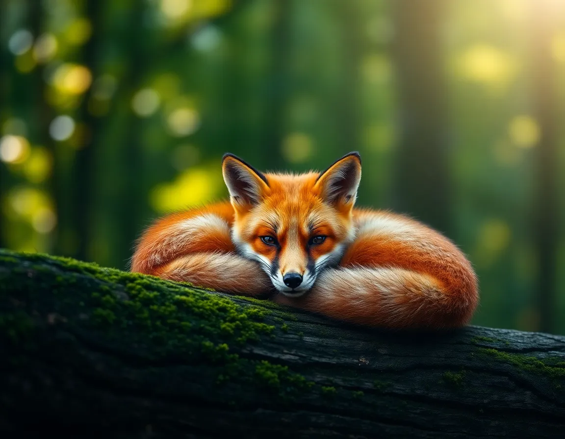 A relaxing red fox is beautifully captured curled up on a mossy log, nestled within a serene forest setting. Soft diffused daylight filters through the canopy, enhancing the warm earth tones of the moss and the striking red of the fox's fur. The selective focus brings attention to the fox's expressive eyes, creating an intimate connection with the viewer. This image perfectly encapsulates wildlife's tranquility in nature.