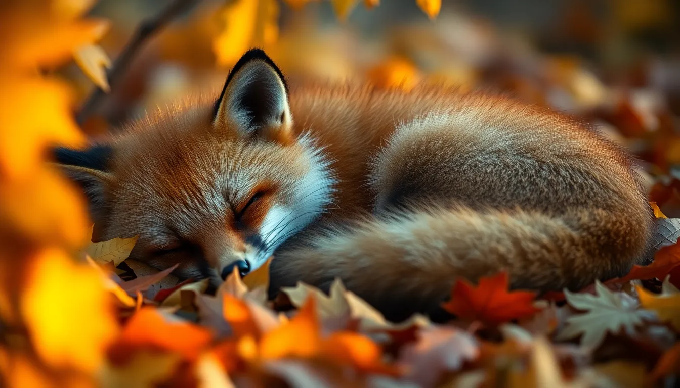 This warm-toned image depicts a sleeping fox curled up on a bed of vibrant autumn leaves. The warm tungsten light accentuates the rich textures of both the fox's fur and the colorful foliage, creating a cozy atmosphere. The shallow depth of field beautifully isolates the fox, with softly blurred leaves surrounding it, drawing attention to its peaceful pose. The composition utilizes leading lines from the leaves to guide the eye, evoking a sense of tranquility in nature.