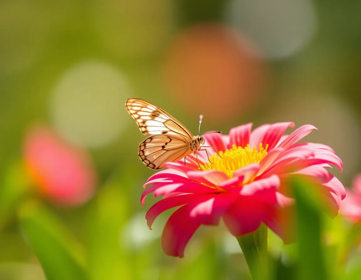 A captivating close-up of a butterfly perched gracefully on a colorful flower, highlighting the beauty of nature's intricate details. The soft dappled sunlight enhances the delicate textures of the butterfly’s wings and the bright petals, creating a serene and enchanting atmosphere. This image embodies the elegance and fragility of wildlife, perfect for nature lovers and photographers alike.