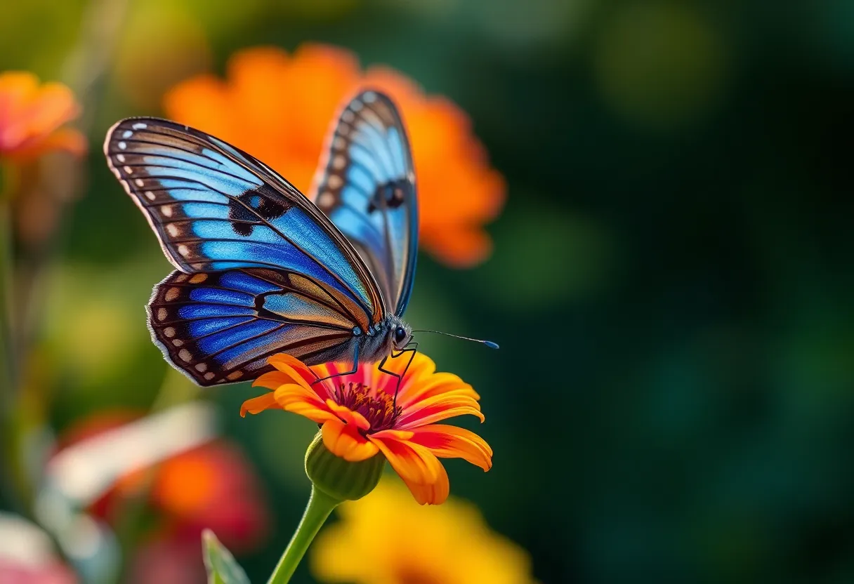 Butterfly on Vibrant Flower A mesmerizing close-up of a butterfly perched delicately on a brightly colored flower, revealing the incredible details of its wings and the flower's vibrant petals. Early morning light bathes the scene in soft illumination, enhancing the beauty of this moment in nature. The rich colors and clear textures draw the viewer into the intricacies of life within a garden. This image celebrates the delicate balance between insect and flora, evoking a sense of peace and wonder.