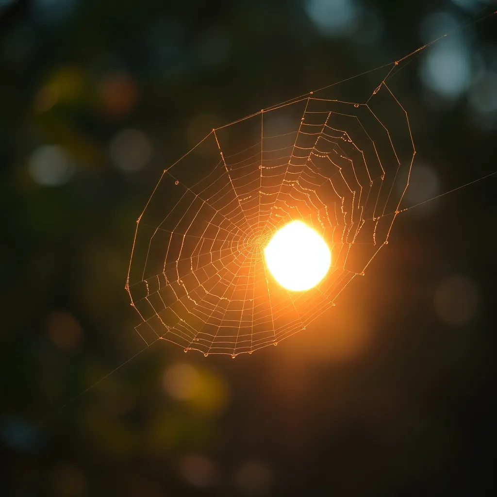 Dew-Covered Spider Web at Sunrise