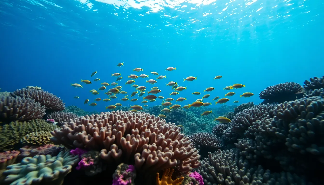 Vibrant Underwater Coral Reef With Fish This stunning underwater image reveals the vibrant life within a coral reef, featuring a multitude of colorful fish swimming among the coral formations. Soft, diffused light from the overcast sky filters down, creating a mesmerizing palette of blues and greens. The sharp focus throughout the depth ensures every detail of the coral and fish is visible, highlighting the intricate shapes and patterns inherent in this beautiful underwater ecosystem.