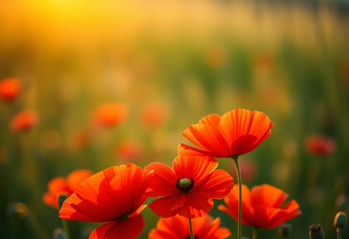 Golden Hour Poppies in a Wildflower Field This image highlights a stunning array of wildflowers, particularly red poppies, bathed in the warm glow of a sunset. The selective focus pulls attention to the vibrant flowers while the soft background hints at a sprawling field. The scene captures the essence of a tranquil evening in nature, with rich textures and warm colors accentuating the beauty of the flowers.