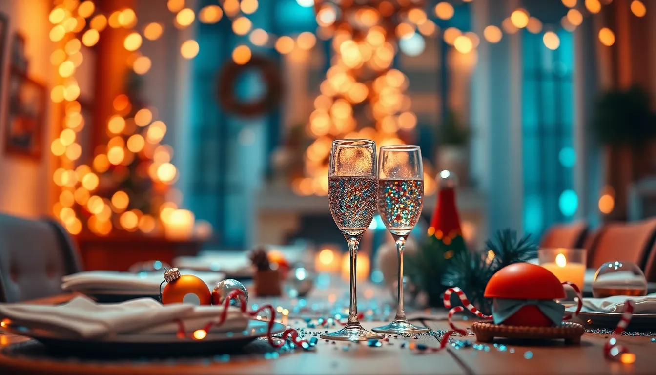 An elegantly set table awaits New Year’s Eve celebration, adorned with twinkling fairy lights and luxurious decorations. The warm glow of the lights enhances the shimmering confetti and polished champagne flutes, creating an inviting atmosphere. The detailed textures of the wooden table complement the festive colors of the decor, making this scene perfect for capturing the spirit of celebration. This inviting composition suggests joy and anticipation for the New Year to come.