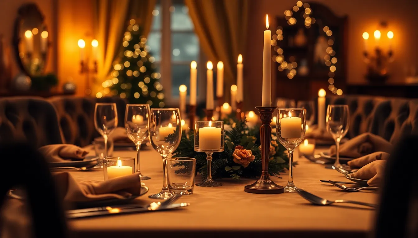 A stunning New Year’s Eve dinner table, meticulously arranged with candles, polished silverware, and festive centerpieces. The warm glow from the candles creates an inviting atmosphere, making the scene feel intimate and celebratory. Soft shadows dance across the tablecloth, highlighting the textures of the linens and the decorative elements. This image captures the essence of an elegant celebration, perfect for inspiring festive gatherings.