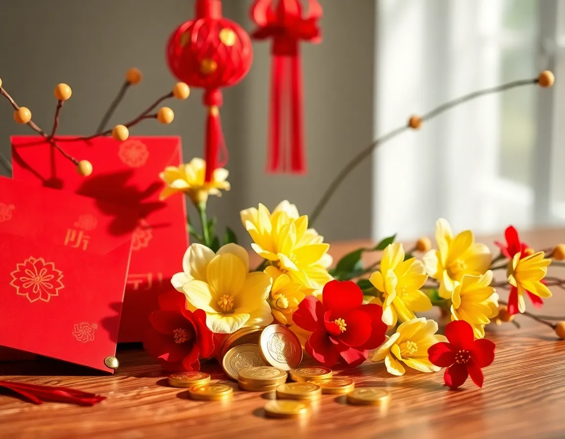 A stunning still life captures the essence of traditional New Year celebrations, featuring vivid red envelopes, shiny gold coins, and fresh flowers. Arranged on a textured wooden surface, the bright colors pop against the natural light, creating a lively and inviting composition. The shallow depth of field blurs the background, allowing the viewer to focus on the rich details of the decorations. With reds and golds dominating, this image embodies the spirit of festivity and anticipation for the New Year.