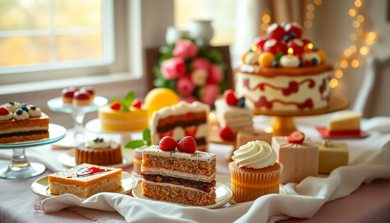 A lavish dessert table showcases an array of colorful pastries and a stunning cake, beautifully arranged for a New Year celebration. The warm light from a nearby window accentuates the rich colors and intricate details of the treats, creating an inviting atmosphere. The textures of the desserts and garnishes draw the eye, while the soft linens provide an elegant touch. This composition reflects the indulgence and joy of celebrating the New Year with delightful confections.