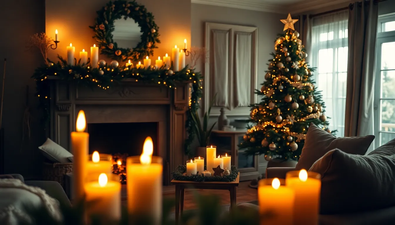A warm and inviting living room prepares to celebrate the New Year, adorned with elegant decorations and the soft glow of candlelight. The cozy atmosphere is enhanced by a beautifully decorated fireplace and a festive tree, filled with intricate ornaments. The natural muted tones of the textiles and decor create a serene and classy vibe. This composition invites viewers to feel the warmth of home and the joy of gathering with loved ones during the holiday.