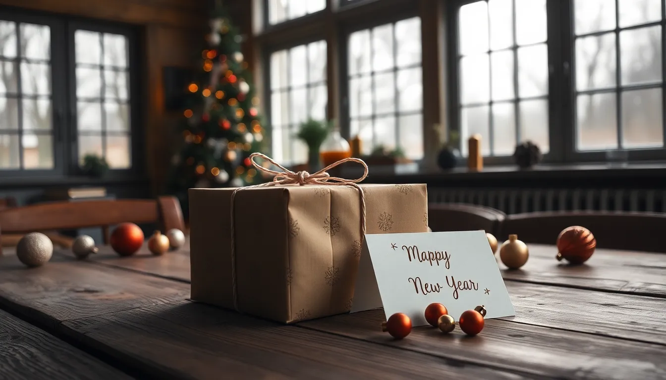 An elegantly wrapped gift box artfully displayed on a rustic wooden table, framed by festive ornaments and a handwritten New Year’s card. The soft, diffused daylight creates a calm and inviting atmosphere, enhancing the beautiful textures of the wrapping paper and the table's natural grain. This image embodies the spirit of giving during New Year’s celebrations, evoking warmth and anticipation for the joy to come.