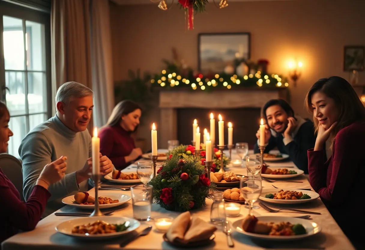 A heartwarming scene of a family gathered around an elegantly set dining table for a New Year celebration showcases a feast filled with delightful dishes. Soft candlelight casts warm shadows, creating an inviting ambiance in the cozy room. Rich reds and greens dominate the color palette, enhancing the festive spirit of the setting. The centered composition emphasizes the abundance of food and decorations, inviting viewers to join in the celebration of family and togetherness.