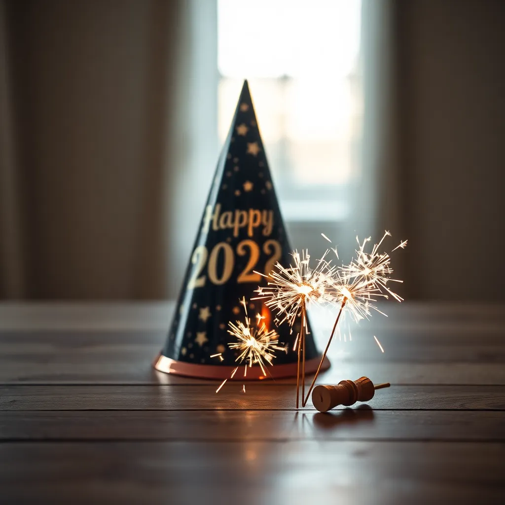 New Year's Party Hat and Sparklers on Wooden Table