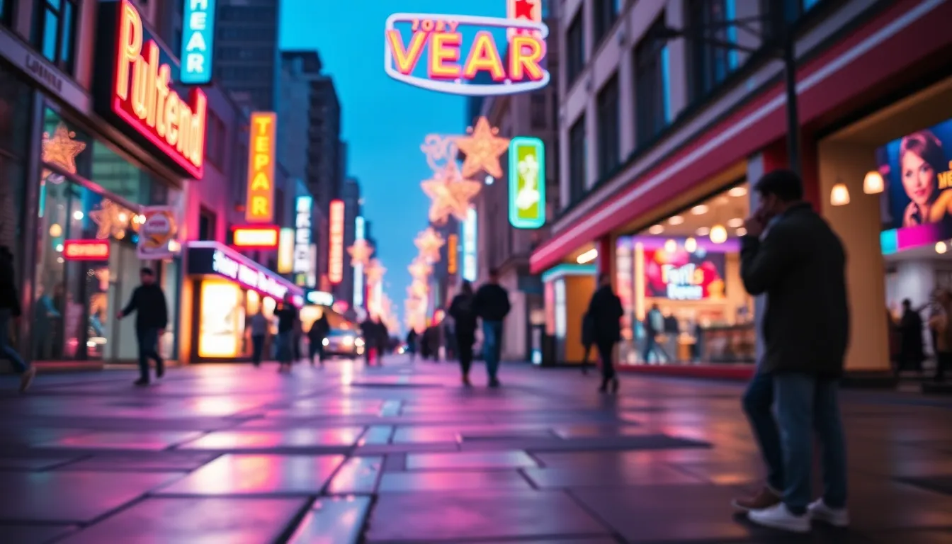 An energetic city street comes alive during New Year's Eve, with pedestrians enjoying the festive atmosphere under vibrant neon lights. The reflections on the wet pavement create a striking visual, enhancing the celebratory mood. This scene encapsulates urban life and the excitement of welcoming a new year, filled with colorful lights and joyful faces. The cinematic color grading provides a modern and dynamic feel to the image, making it perfect for contemporary editorial use.