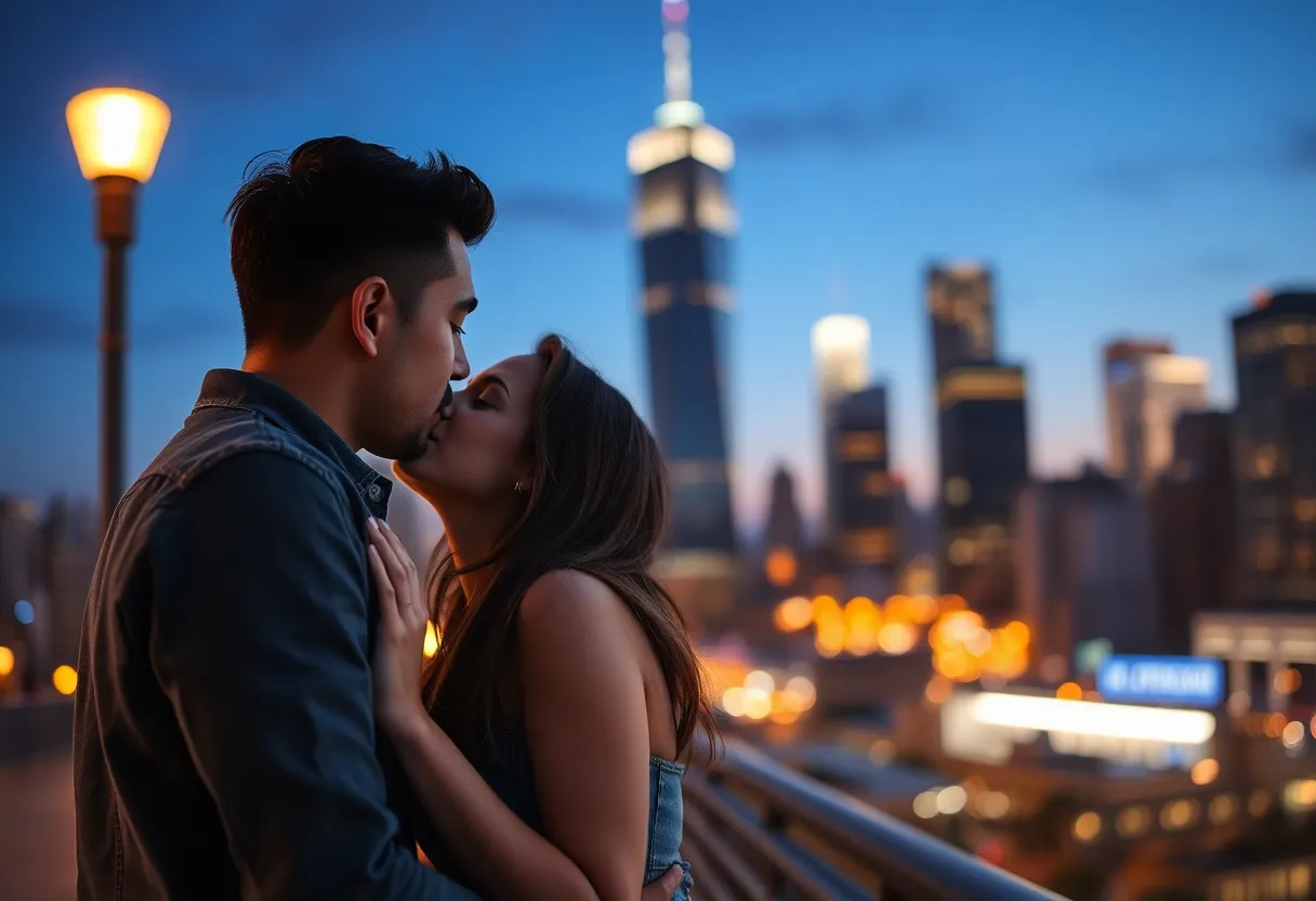 Couple Embracing Under City Lights on New Year's Eve