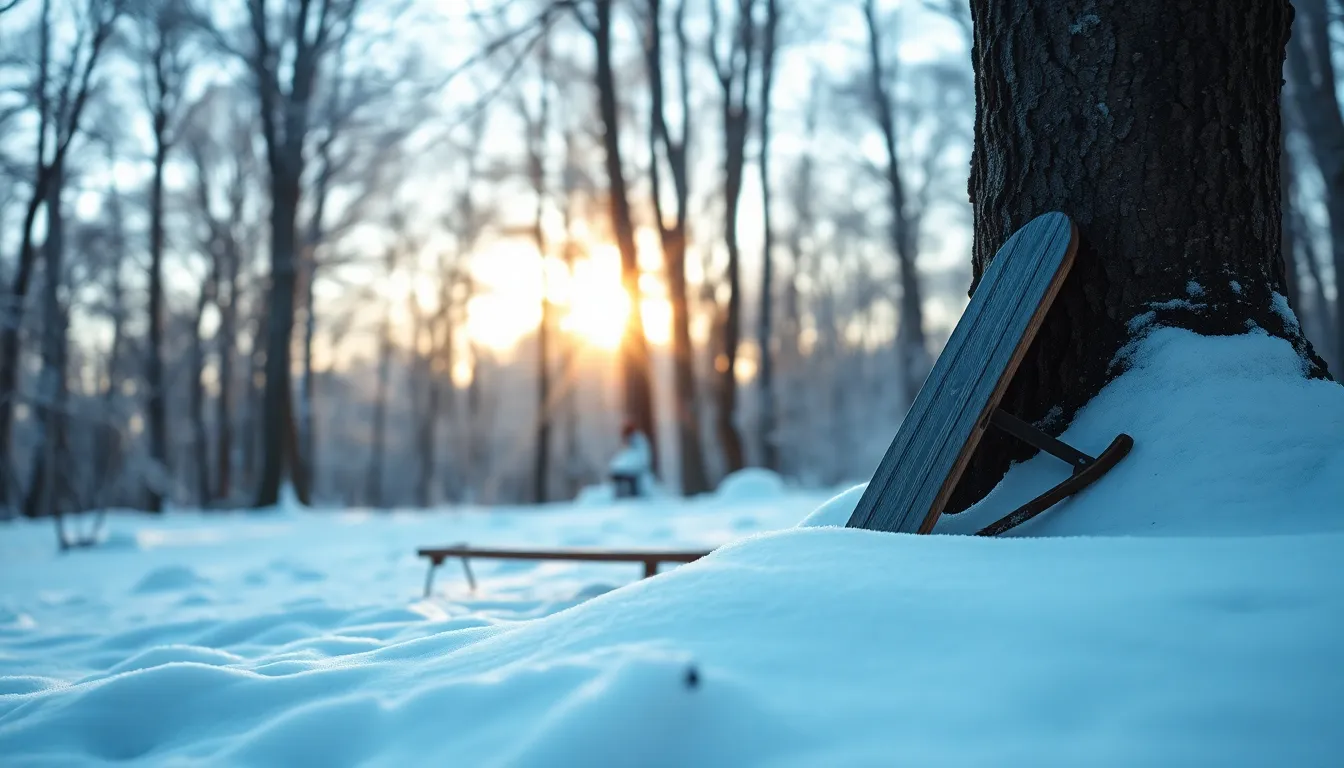 A picturesque winter scene showcasing a classic wooden sled nestled against a snow-covered tree in a tranquil forest. The soft hues of dawn light filter through the trees, creating a dreamlike atmosphere. This serene environment captures the peacefulness of winter, with fresh snow blanketing the ground and the promise of a new year evident in the fresh start of the landscape. It evokes feelings of nostalgia and adventure, perfect for winter-themed collections.