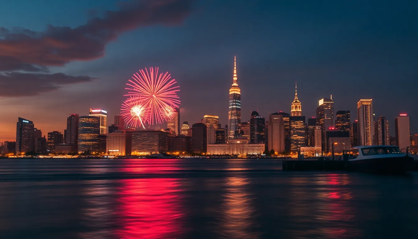 An awe-inspiring view of a city skyline during a New Year's Eve fireworks display fills the frame with color and energy. The vibrant bursts of light explode in the night sky, their reflections dancing on the water below. Captured at dusk, the warm oranges and cool blues create a striking contrast, highlighting the festive atmosphere. Leading lines from the waterfront guide the viewer's gaze toward the stunning show, encapsulating the excitement and wonder of the New Year celebration.