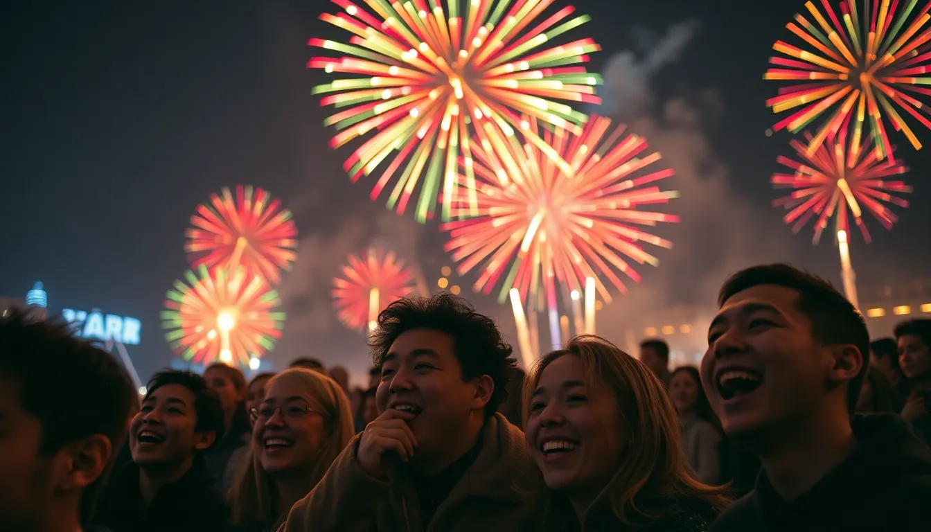 A breathtaking scene captures a crowd reveling in the magic of midnight fireworks as the New Year begins. Brightly colored explosions light up the night sky, creating a stunning backdrop for joyous faces filled with excitement. The vibrant colors reflect off the crowd, enhancing the festive mood. This dramatic composition showcases the celebration and wonder of ringing in the New Year, making it an iconic moment to remember.