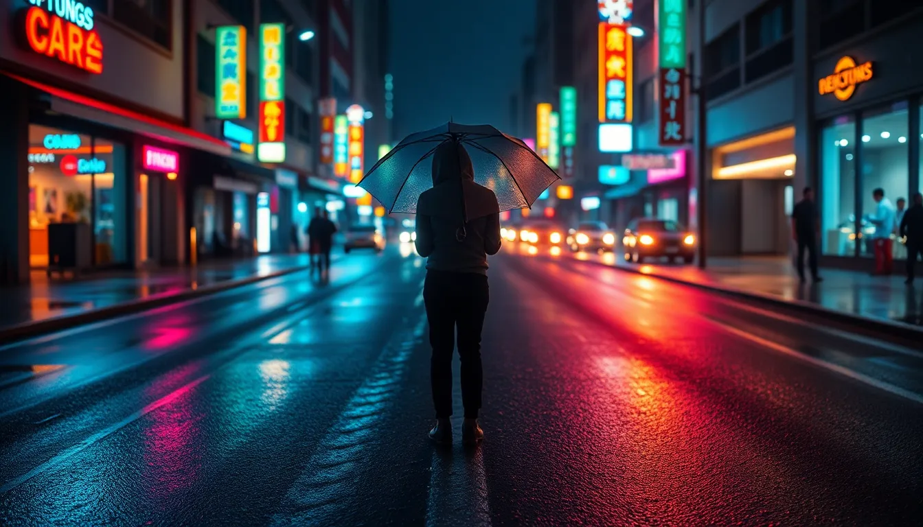 This captivating night cityscape showcases a bustling urban scene illuminated by vibrant neon signage. A solitary figure with an umbrella stands amid reflection-soaked streets, adding a touch of mystery. The rain accentuates the colors, creating a shimmering atmosphere that invites viewers to immerse themselves in the urban nightlife. Neon blues and oranges dance across the wet pavement, resulting in a striking visual experience.