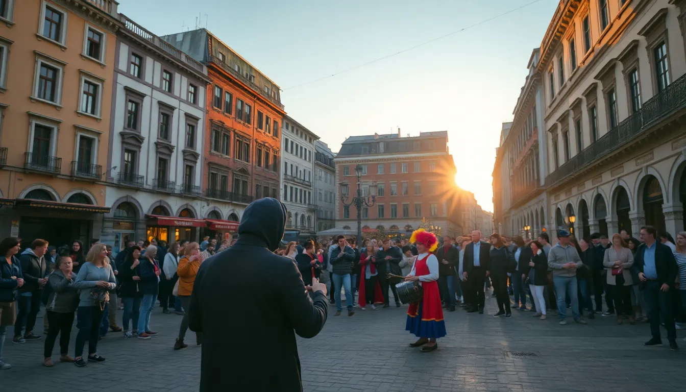 Twilight Urban Square with Street Performer