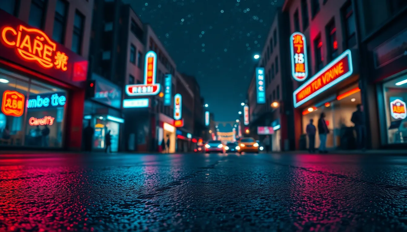 A bustling urban street at night, illuminated by striking neon signs in red and blue. The reflections on the slick pavement create a vibrant mood that captures the essence of city life after dark. A shallow depth of field highlights the details of the foreground, while the starry sky adds a magical touch. This image perfectly encapsulates the dynamic nature of nightlife in a city.