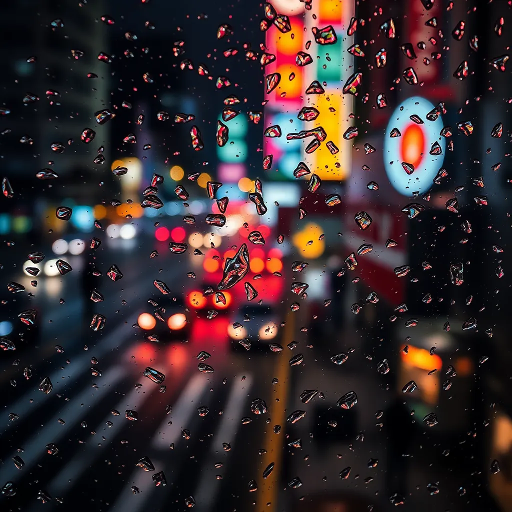This close-up image captures the intricate details of raindrops clinging to a glass window, offering a unique perspective of a vibrant city street illuminated by neon lights. The reflections in the droplets create a colorful symphony that contrasts against the dark background. This moody atmosphere is enhanced by the soft glow of city lights filtering through the rain. By employing a shallow depth of field, the composition beautifully isolates the droplets, allowing viewers to appreciate the texture and reflections in a new light.