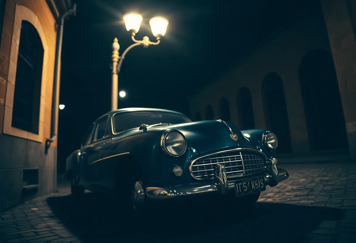 Vintage Car in Alleyway Under Streetlamp