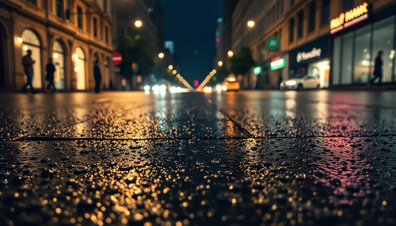 Close-Up of Rain-Soaked City Street