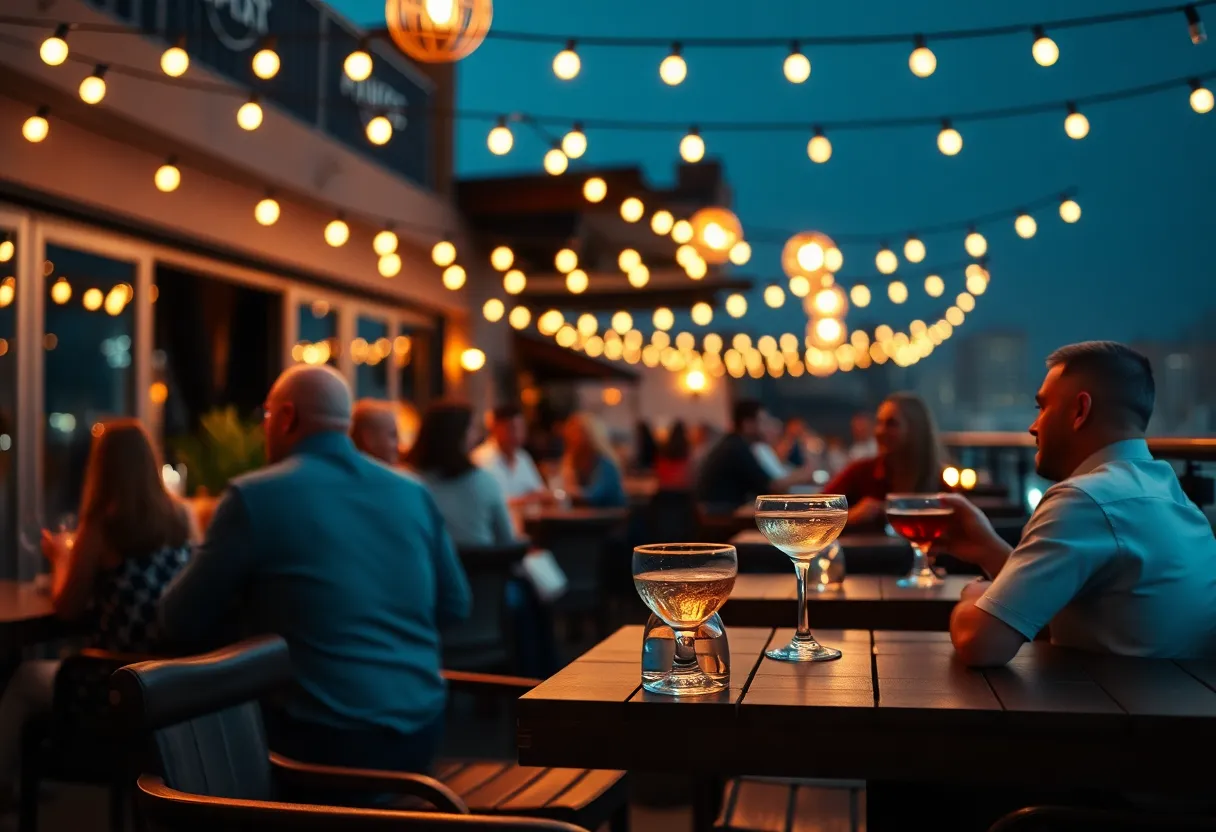 Rooftop Bar with String Lights Step into this charming rooftop terrace bar scene, where patrons enjoy cocktails under a canopy of twinkling string lights. The warm tungsten glow creates a cozy and inviting atmosphere, perfect for socializing. The shallow depth of field adds a personal touch, focusing on the details of the wooden furniture and sparkling glassware. The dynamic angle captures the essence of nightlife, making the viewer feel immersed in the vibrant ambiance.