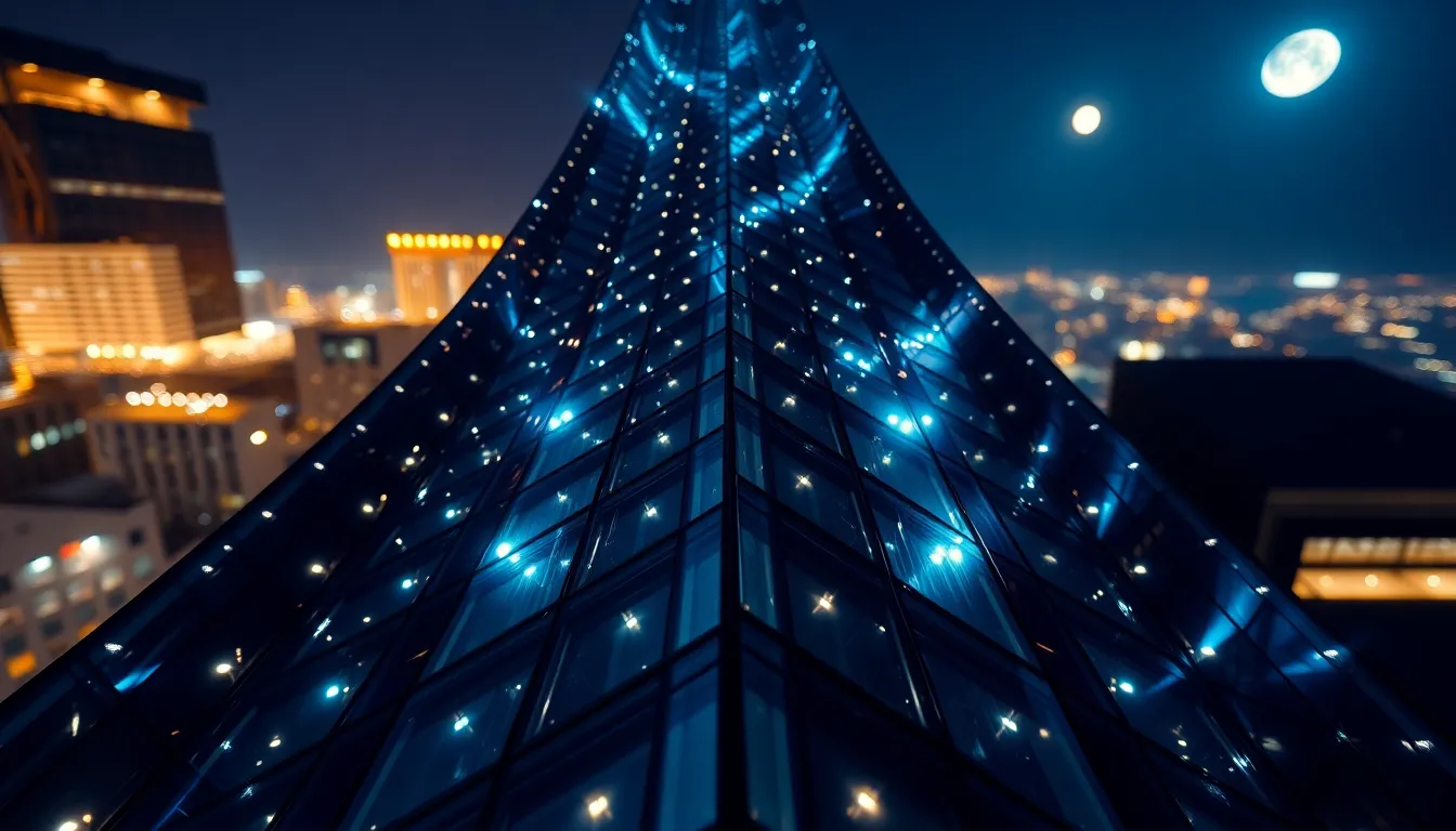 Close-Up of a Skyscraper at Night